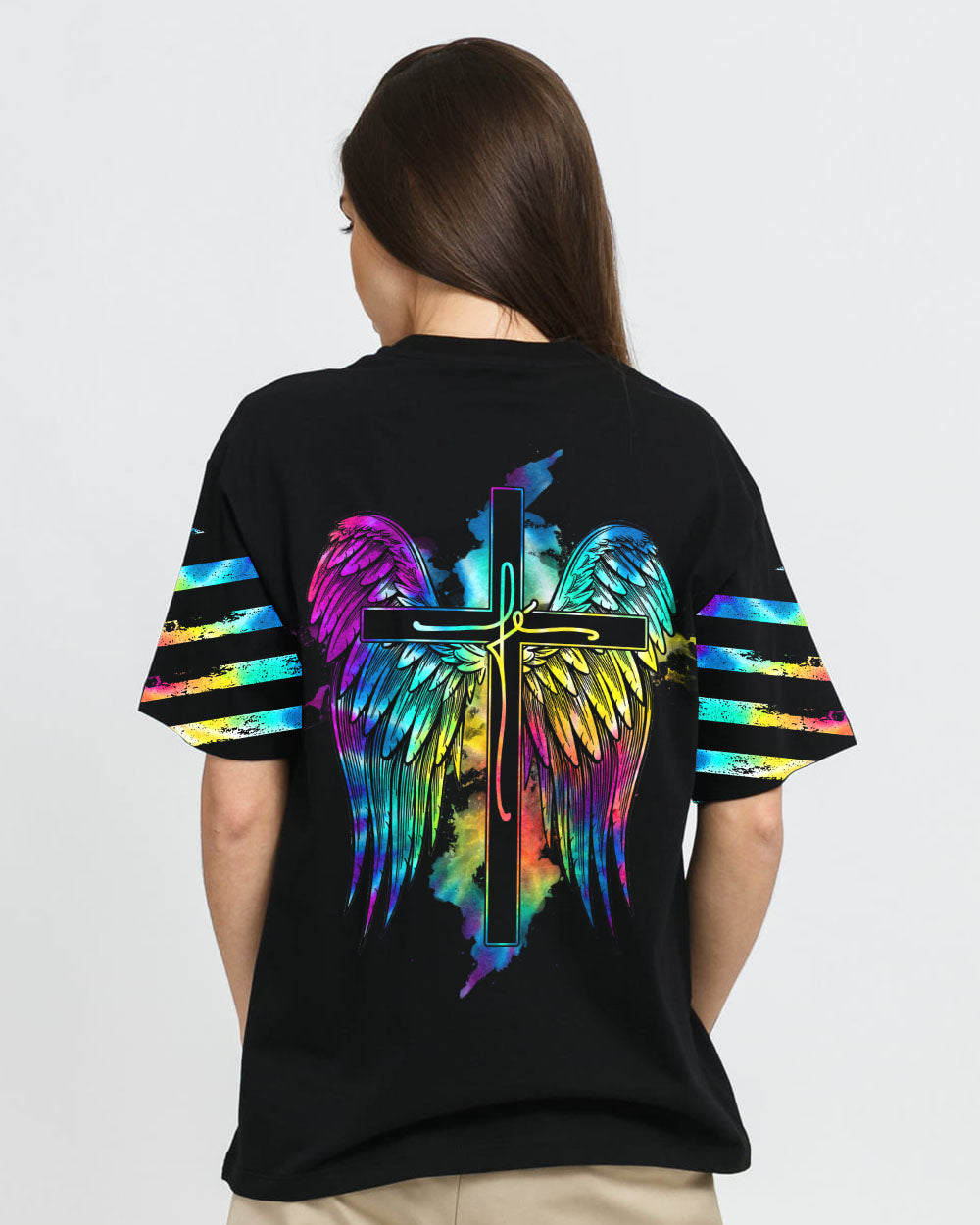 Fe' Cross Wings Colorful Watercolor Women's Christian Tshirt