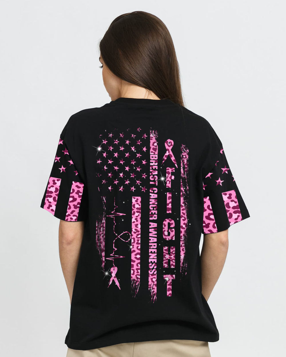 Fight Heartbeat Leopard Flag Women's Breast Cancer Awareness Tshirt