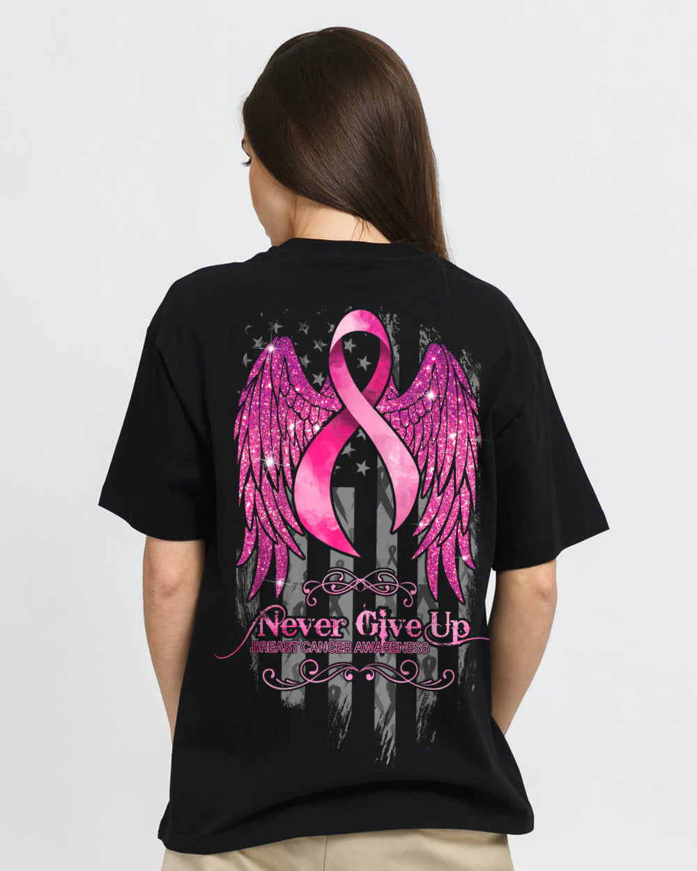 Never Give Up Glitter Wings Ribbon Women's Breast Cancer Awareness Tshirt