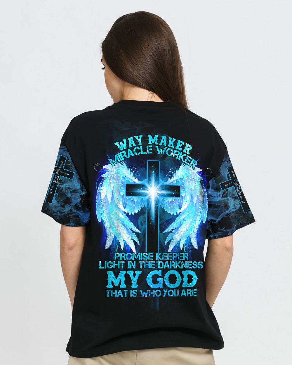 Way Maker Miracle Worker Promise Keeper Light In The Darkness Light Cross Wings Smoke Women's Christian Tshirt