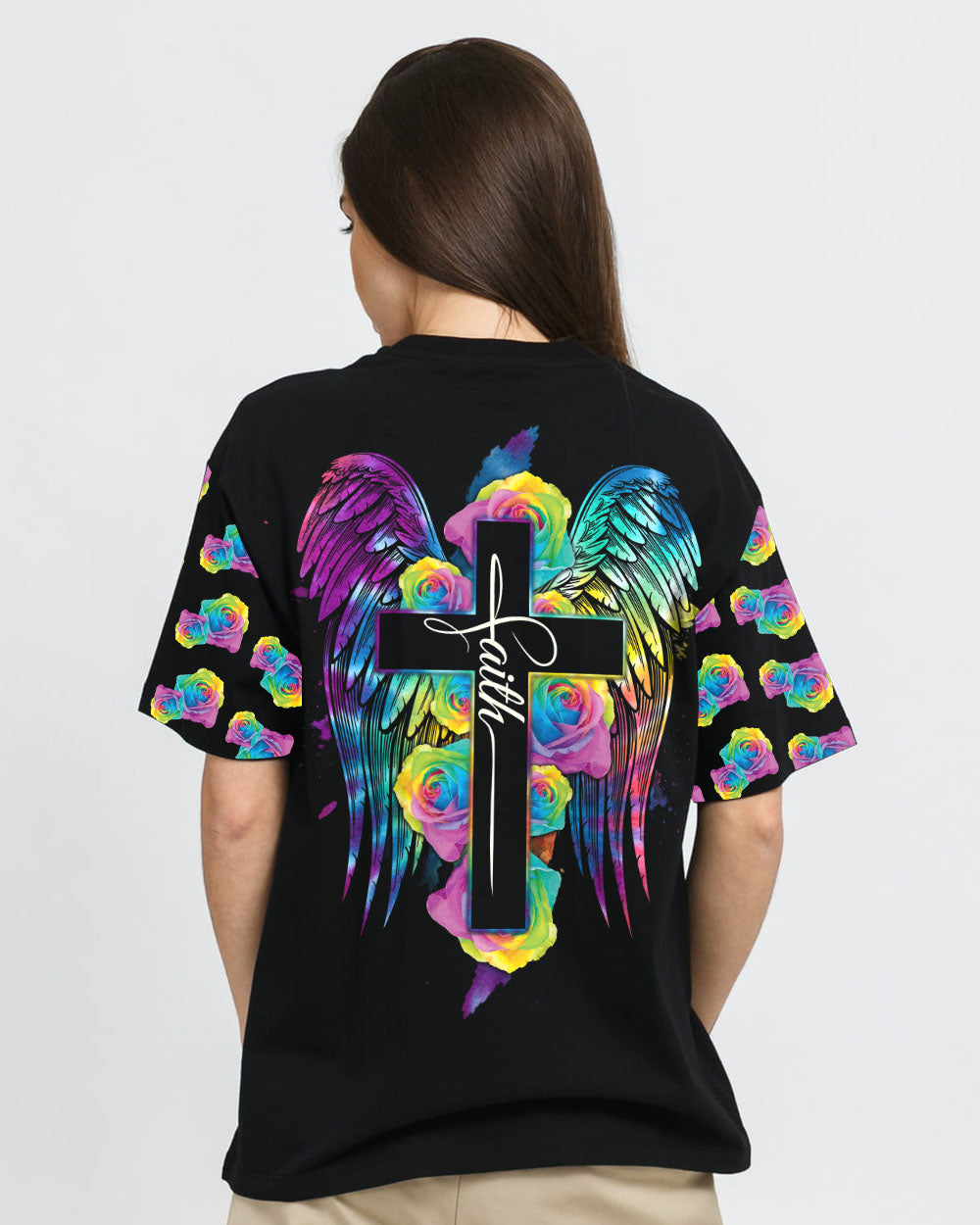 Cross Rose Wings Colorful Women's Christian Tshirt