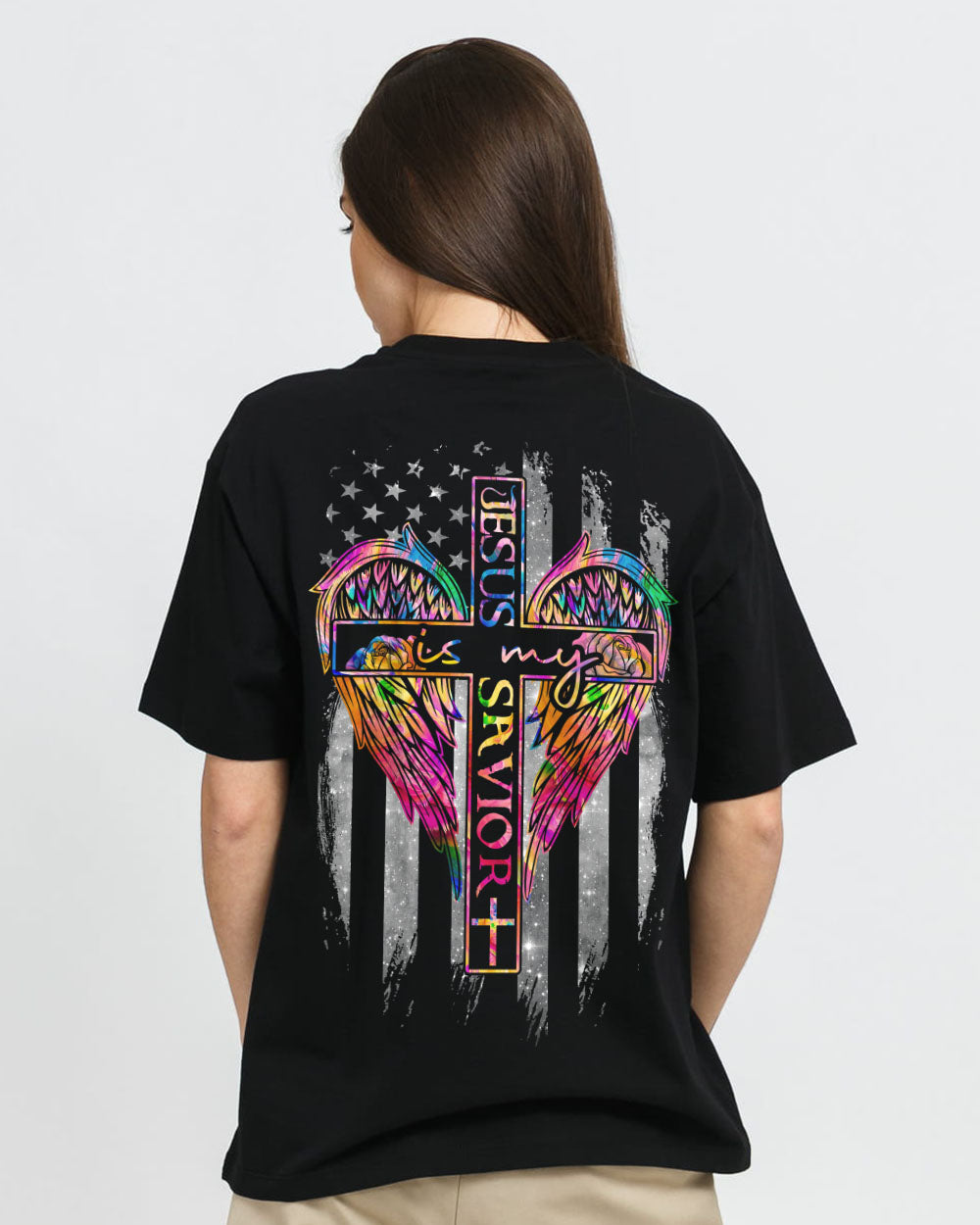 Jesus Is My Savior Colorful Wings Flag Women's Christian Tshirt