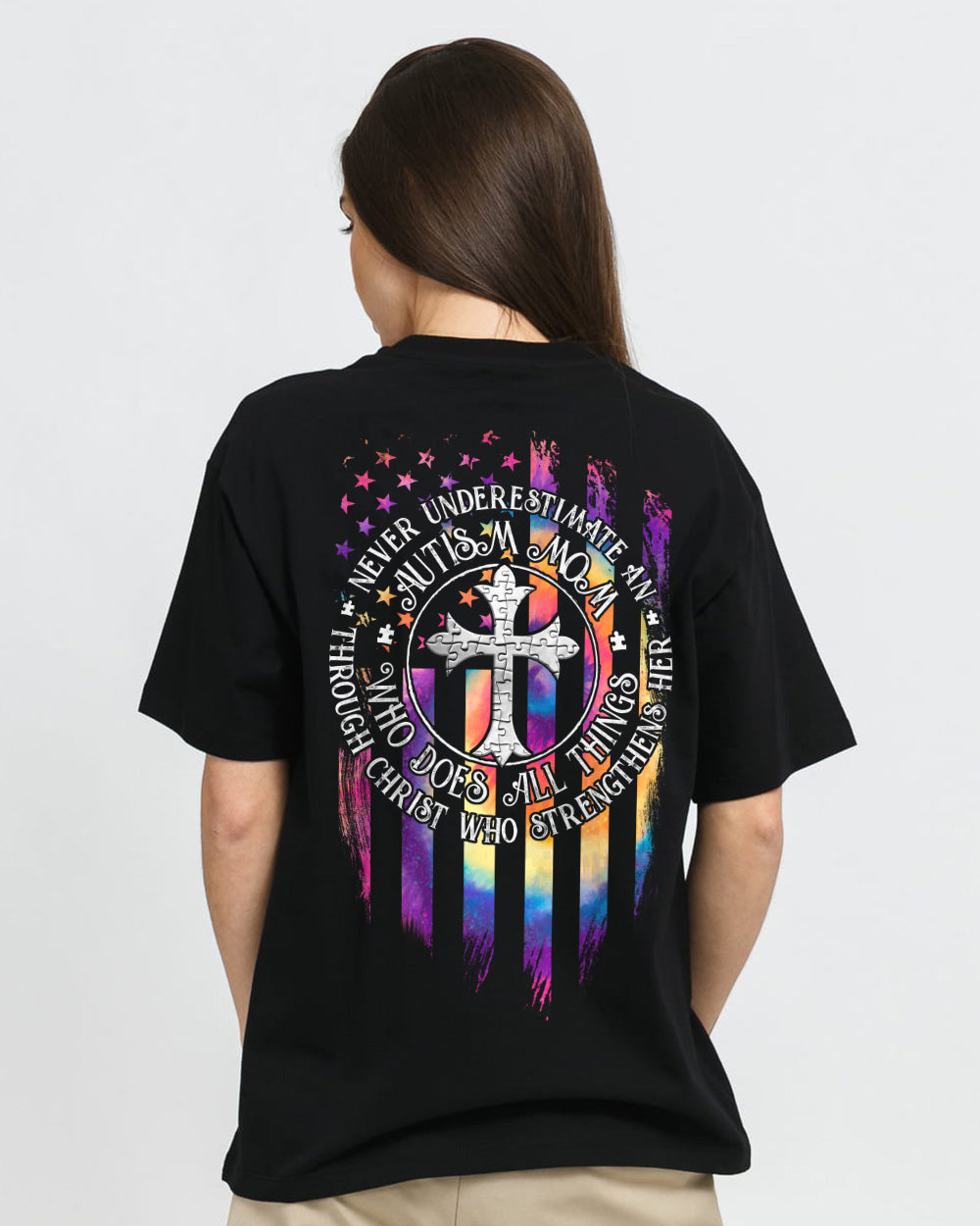Never Underestimate An Autism Mom Colorful Flag Women's Autism Awareness Tshirt