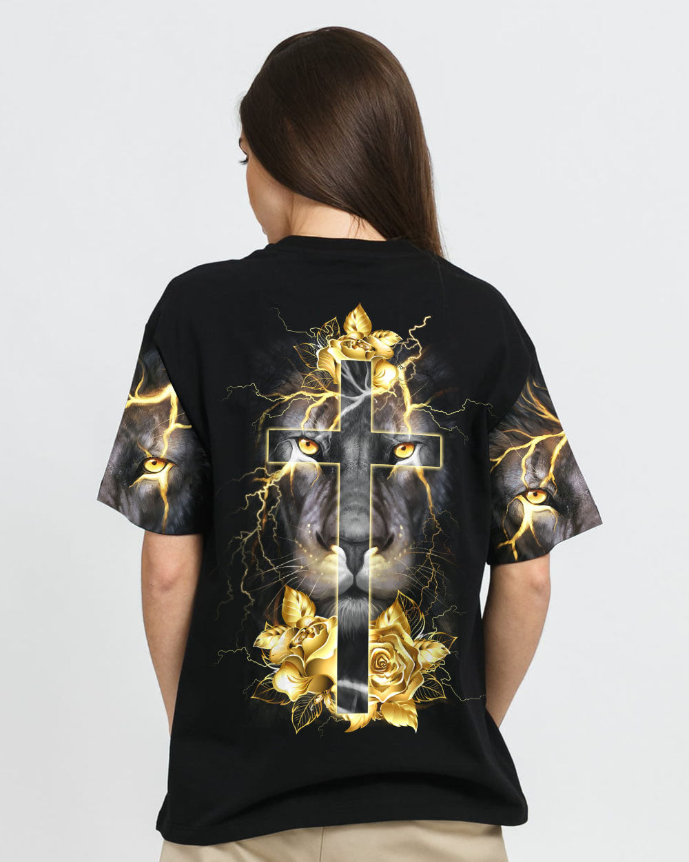 Lion Gold Rose Cross Women's Christian Tshirt