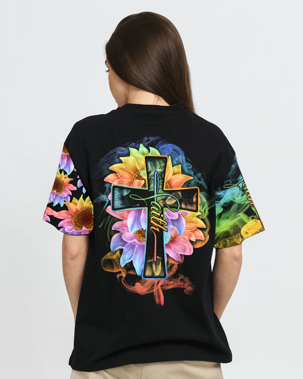 Rainbow Colorful Sunflower Faith Smoke Women's Christian Tshirt