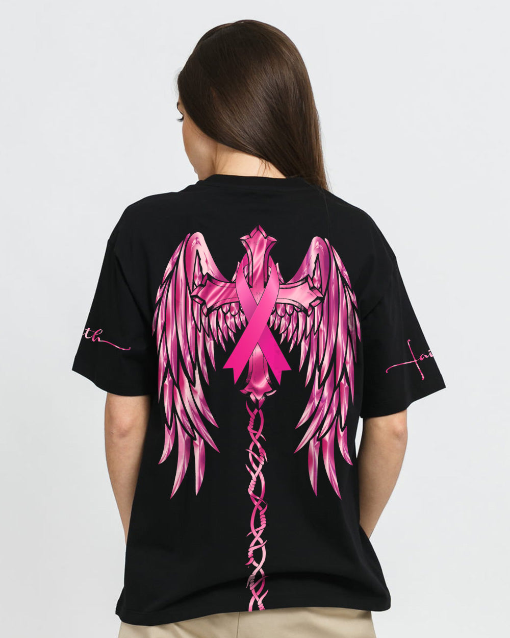 Pink Faith Wings Cross Women's Breast Cancer Awareness Tshirt