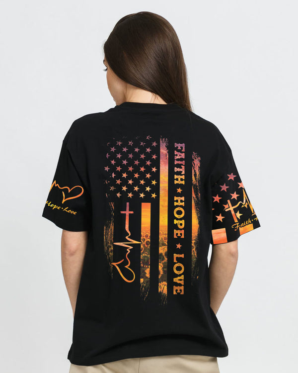 Faith Hope Love Heartbeat Sunflower Flag Women's Christian Tshirt