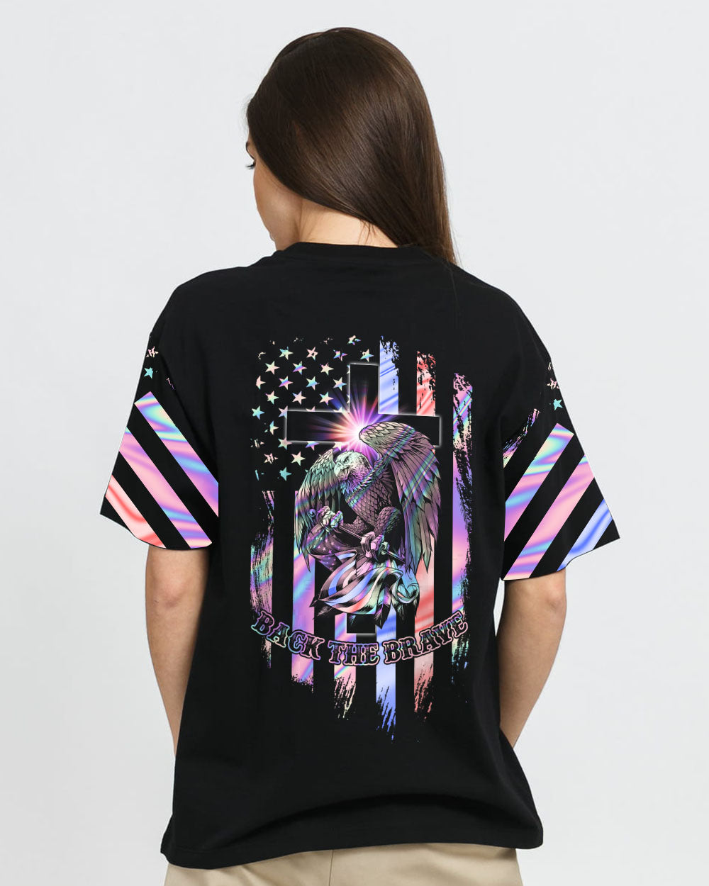 Eagle Back The Brave Holo Flag Women's Christian Tshirt