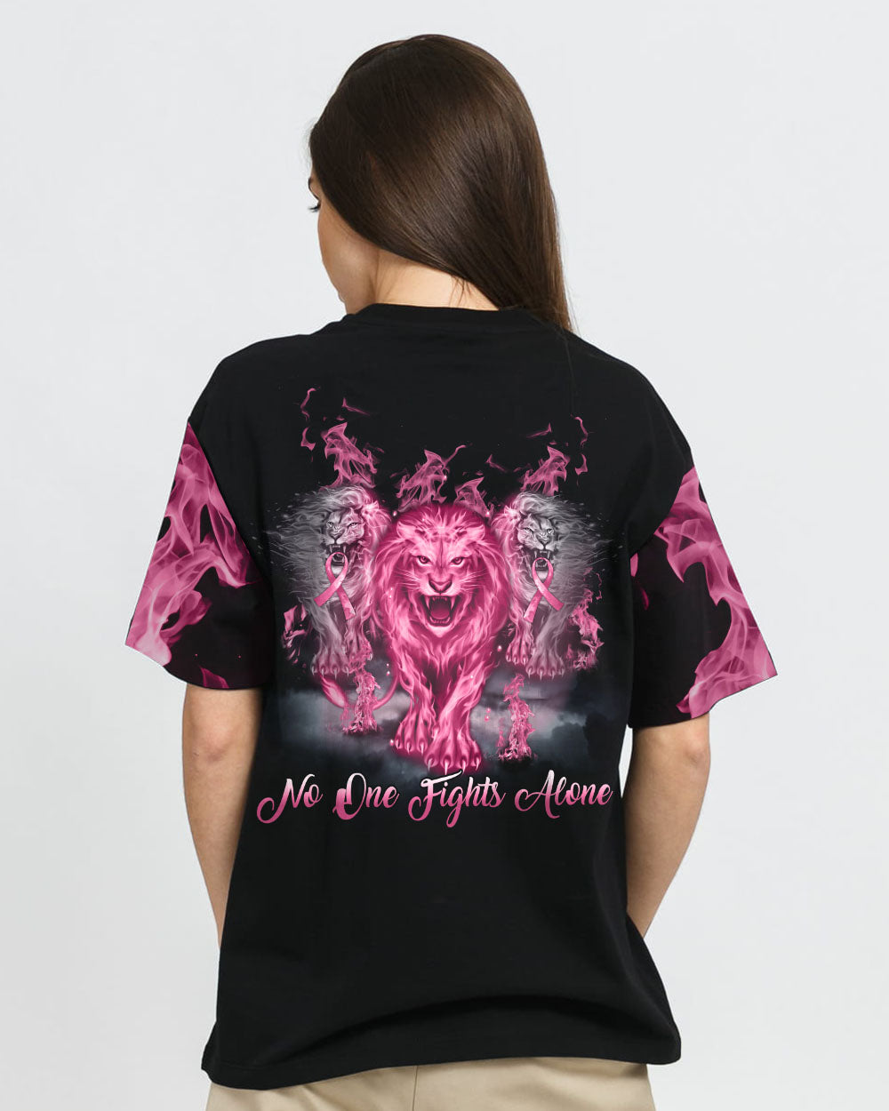No One Fights Alone Pink Lion Women's Breast Cancer Awareness Tshirt