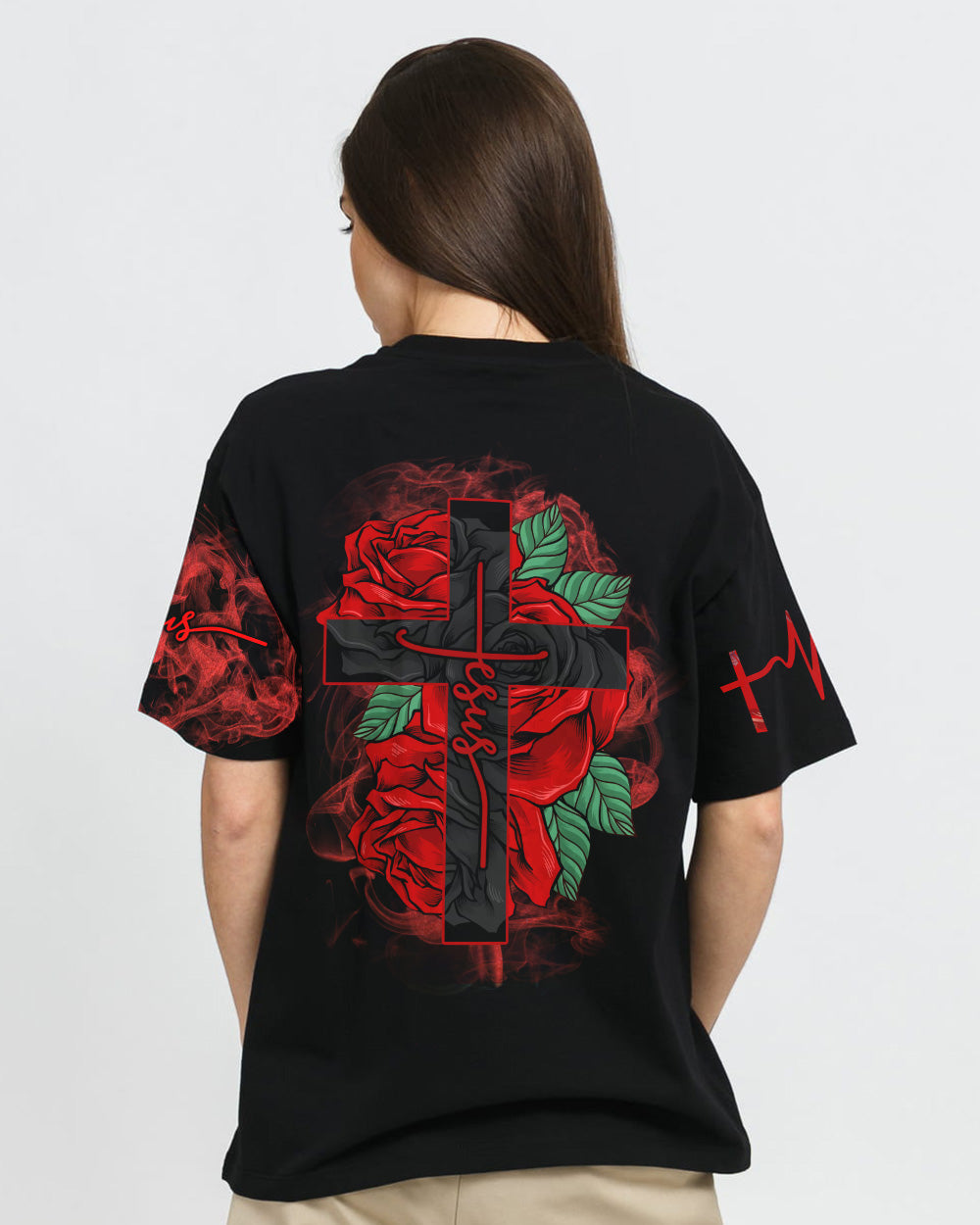 Jesus Cross Red Rose Women's Christian Tshirt