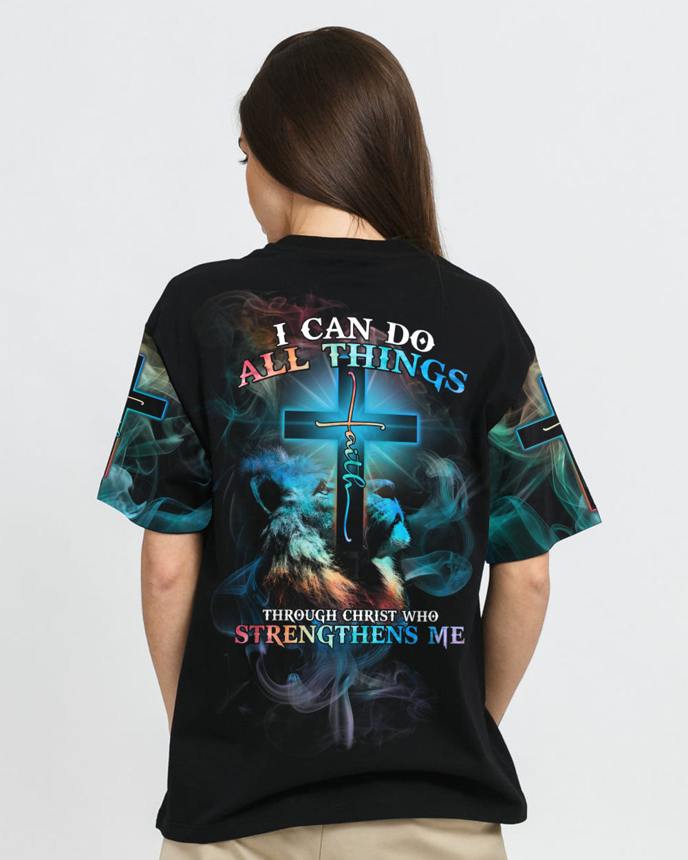 I Can Do All Things Lion Cross Colorful Women's Christian Tshirt