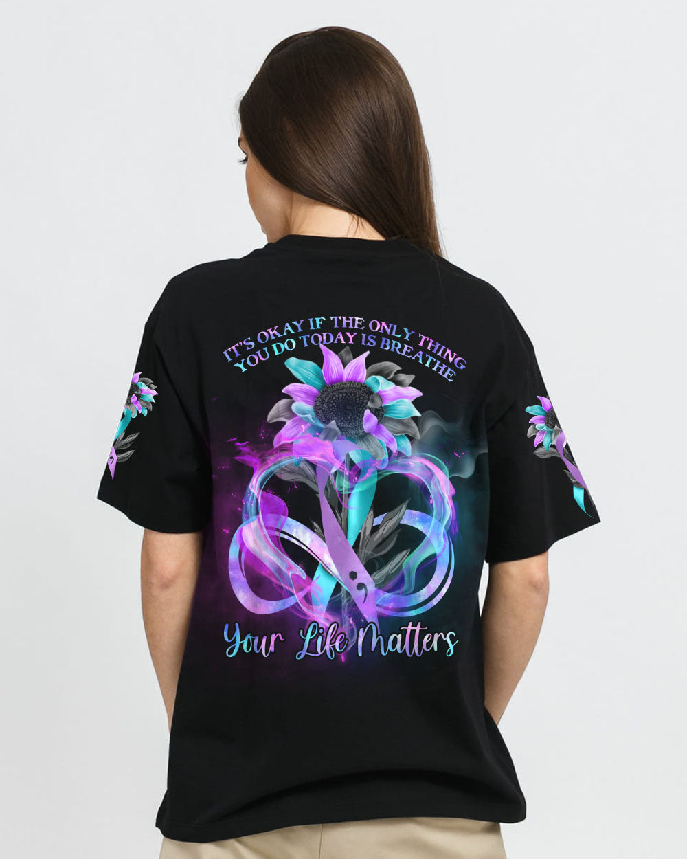 It's Okay If The Only Thing You Do Today Is Breathe Sunflower Smoke Ribbon Women's Suicide Prevention Awareness Tshirt