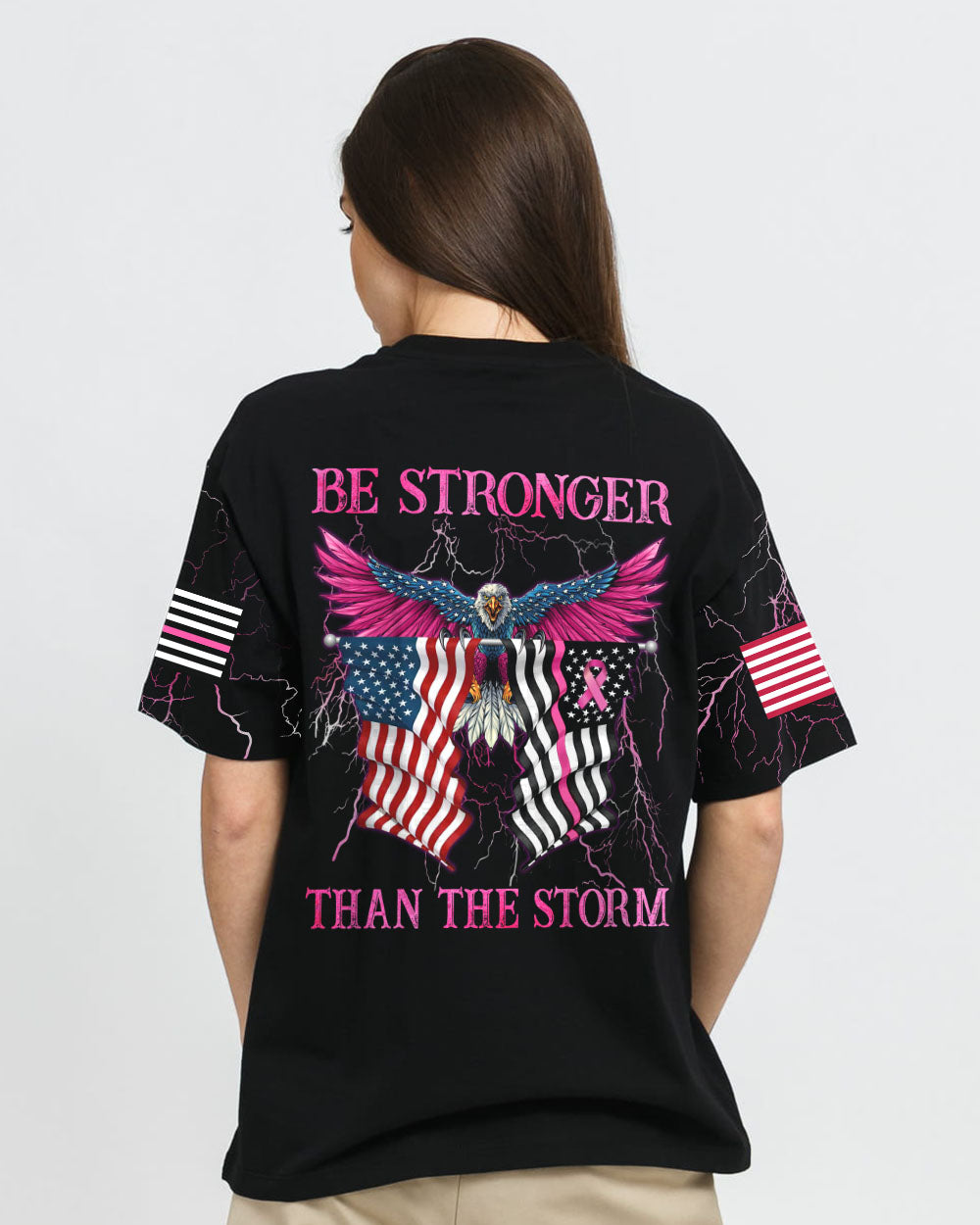 Be Stronger Than The Storm Eagle With Flag Women's Breast Cancer Awareness Tshirt