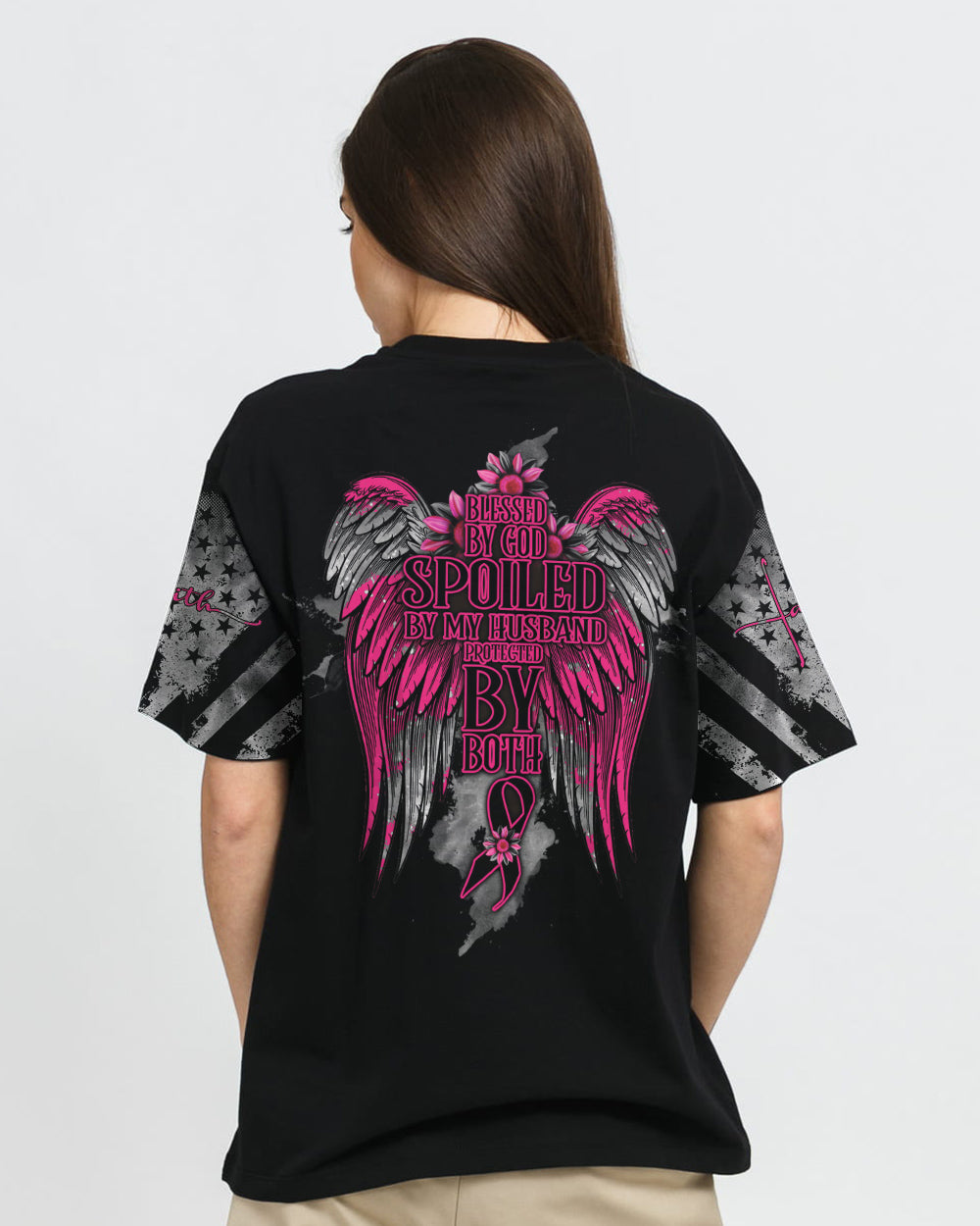 Blessed By God Spoiled By My Husband Women's Breast Cancer Awareness Tshirt
