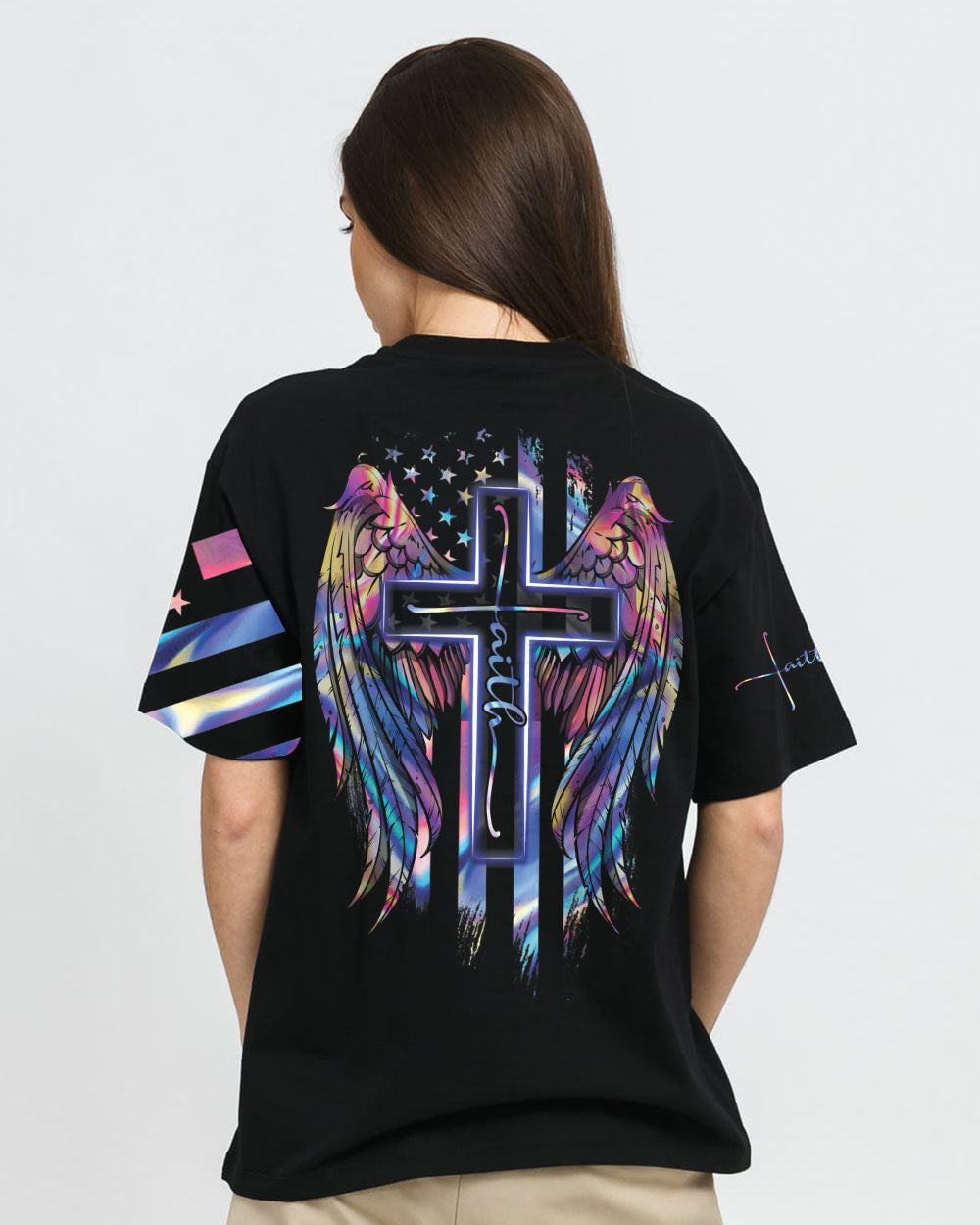 Faith Cross Wings Hologram Flag Women's Christian Tshirt
