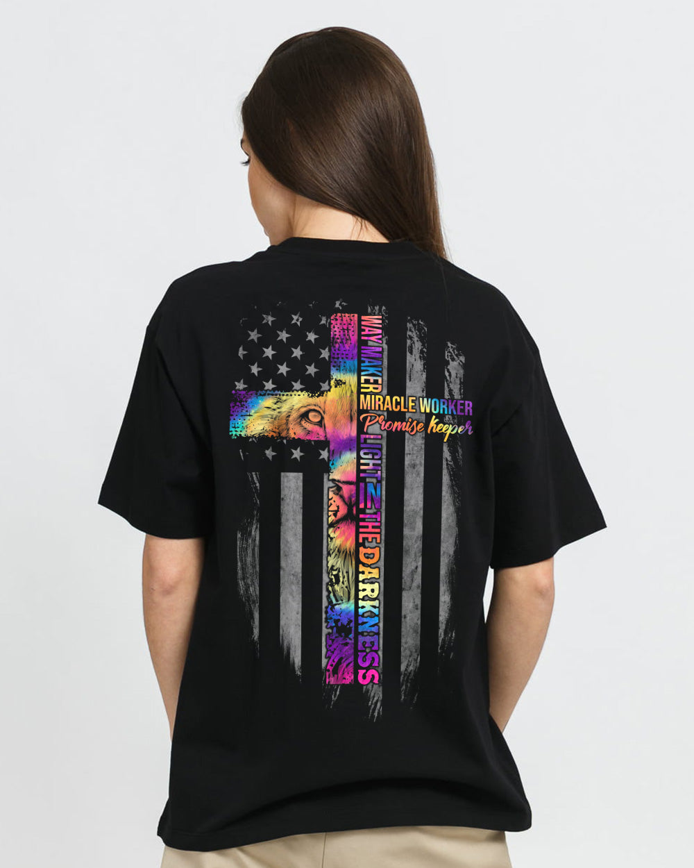 Way Maker Miracle Worker Promise Keeper Lion Cross Tie Dye Flag Women's Christian Tshirt