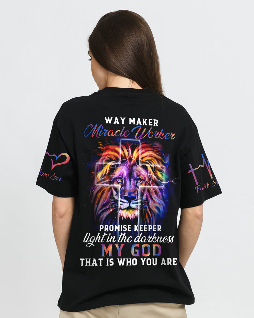 Way Maker Miracle Worker Colorful Lion Faith Heart Beat Women's Christian Tshirt