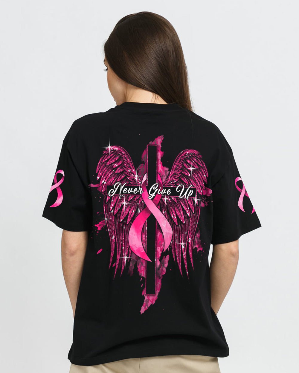 Never Give Up Glitter Wings Women's Breast Cancer Awareness Tshirt