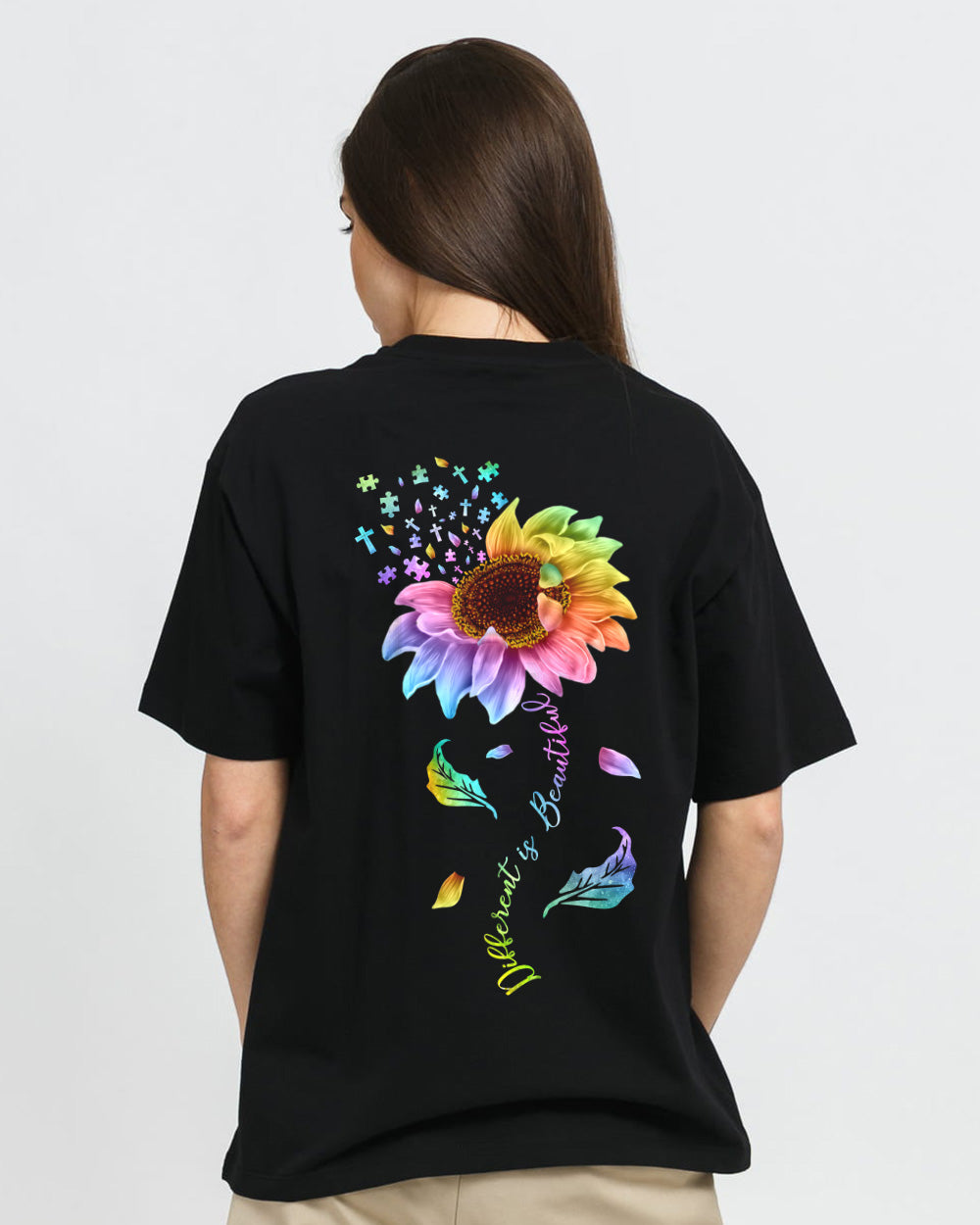 Different Is Beautiful Rainbow Sunflower Women's Autism Awareness Tshirt