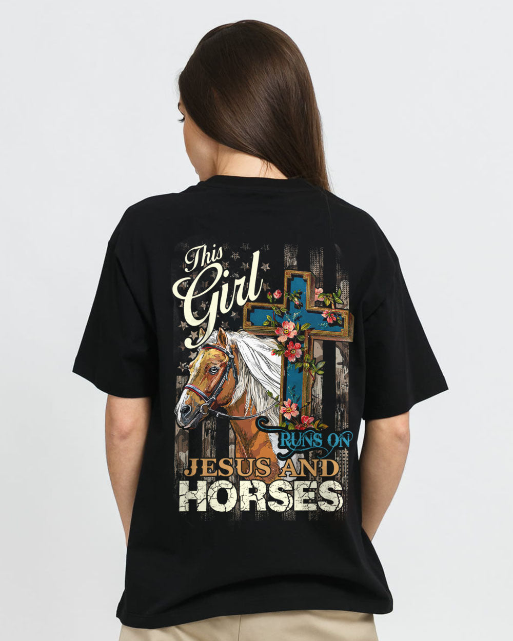 This Girl Runs On Jesus And Horses Cross Women's Christian Tshirt