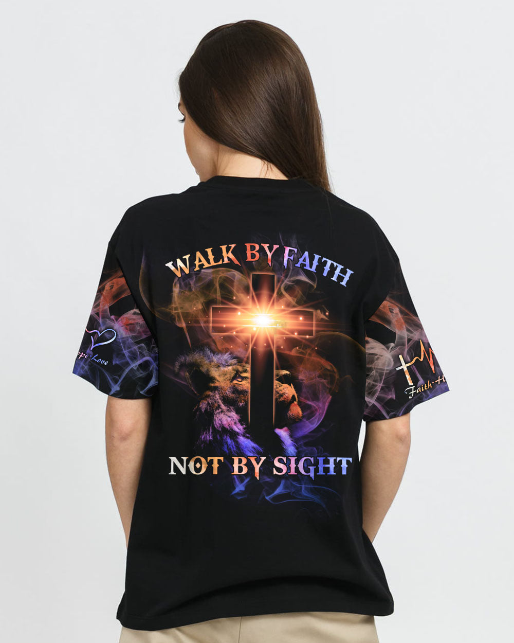 Walk By Faith Not By Sight Lion Cross Women's Christian Tshirt