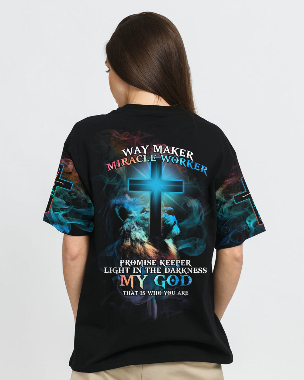 Way Maker Miracle Worker Lion Cross Light Colorful Women's Christian Tshirt