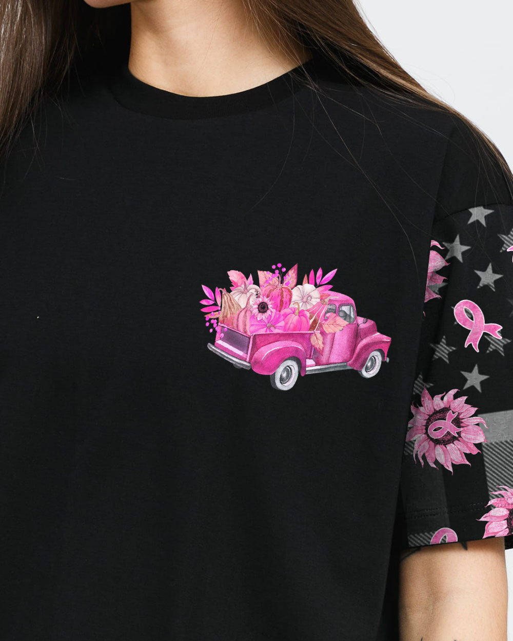In October We Wear Pink Truck Flag Women's Breast Cancer Awareness Tshirt