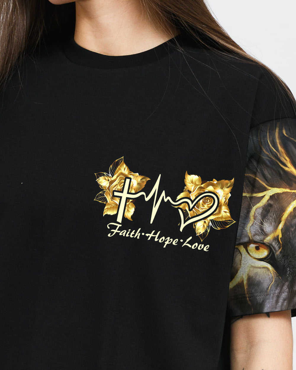 Lion Gold Rose Cross Women's Christian Tshirt
