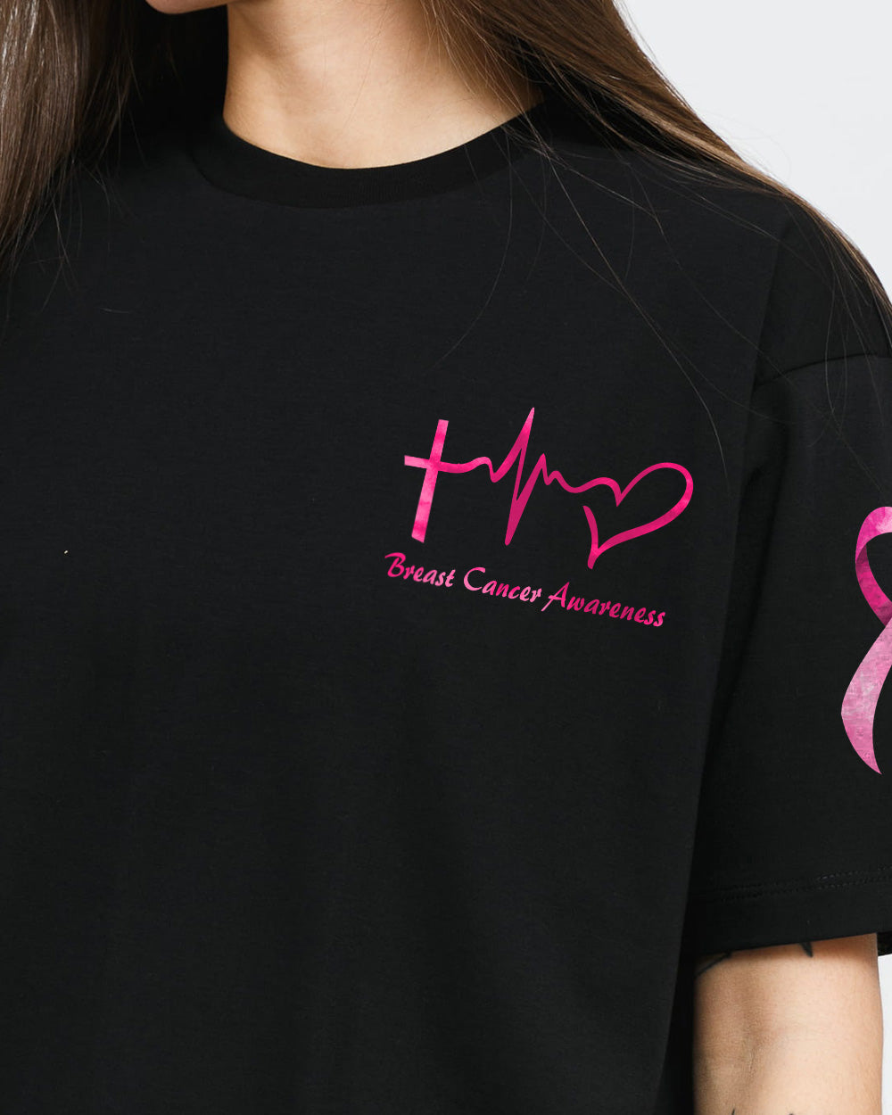 Never Give Up Glitter Wings Women's Breast Cancer Awareness Tshirt