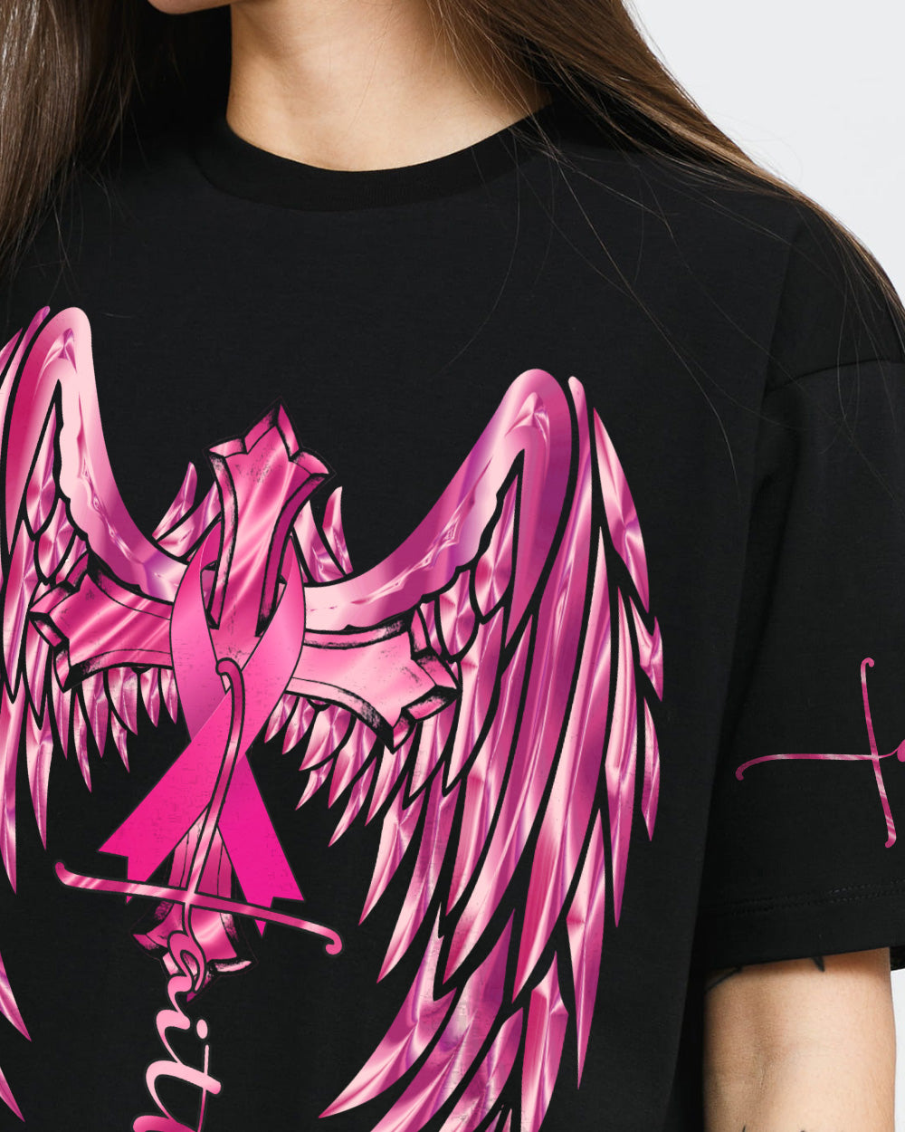 Pink Faith Wings Cross Women's Breast Cancer Awareness Tshirt