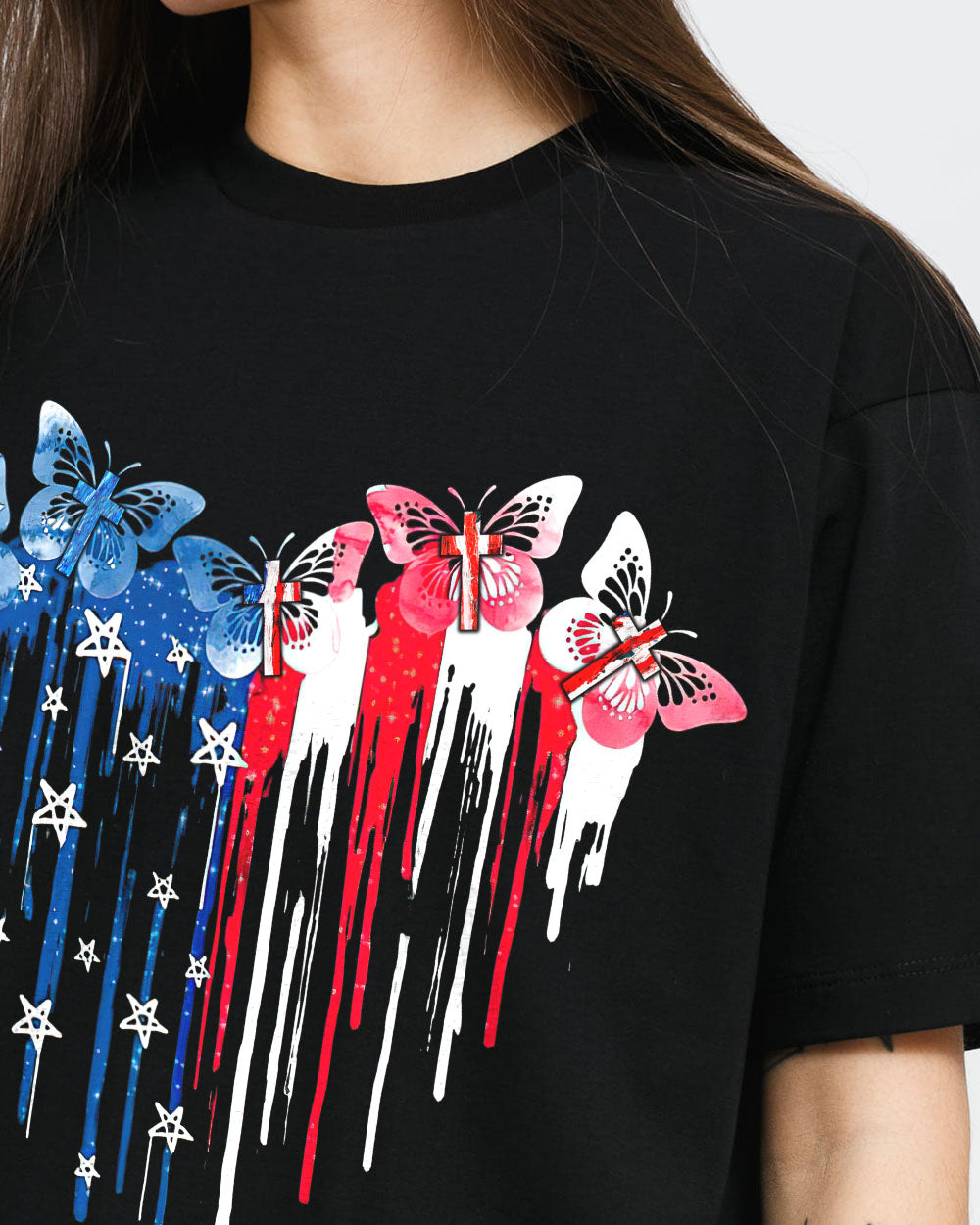 Butterfly Cross Melt Heart Flag Women's Christian Tshirt