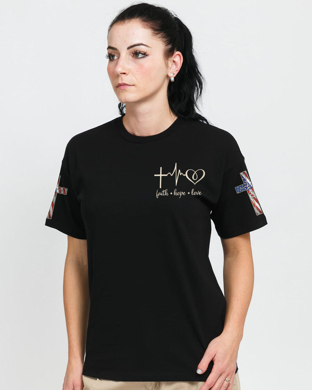 One Nation Under God Eagle Cross American Flag Women's Christian Tshirt
