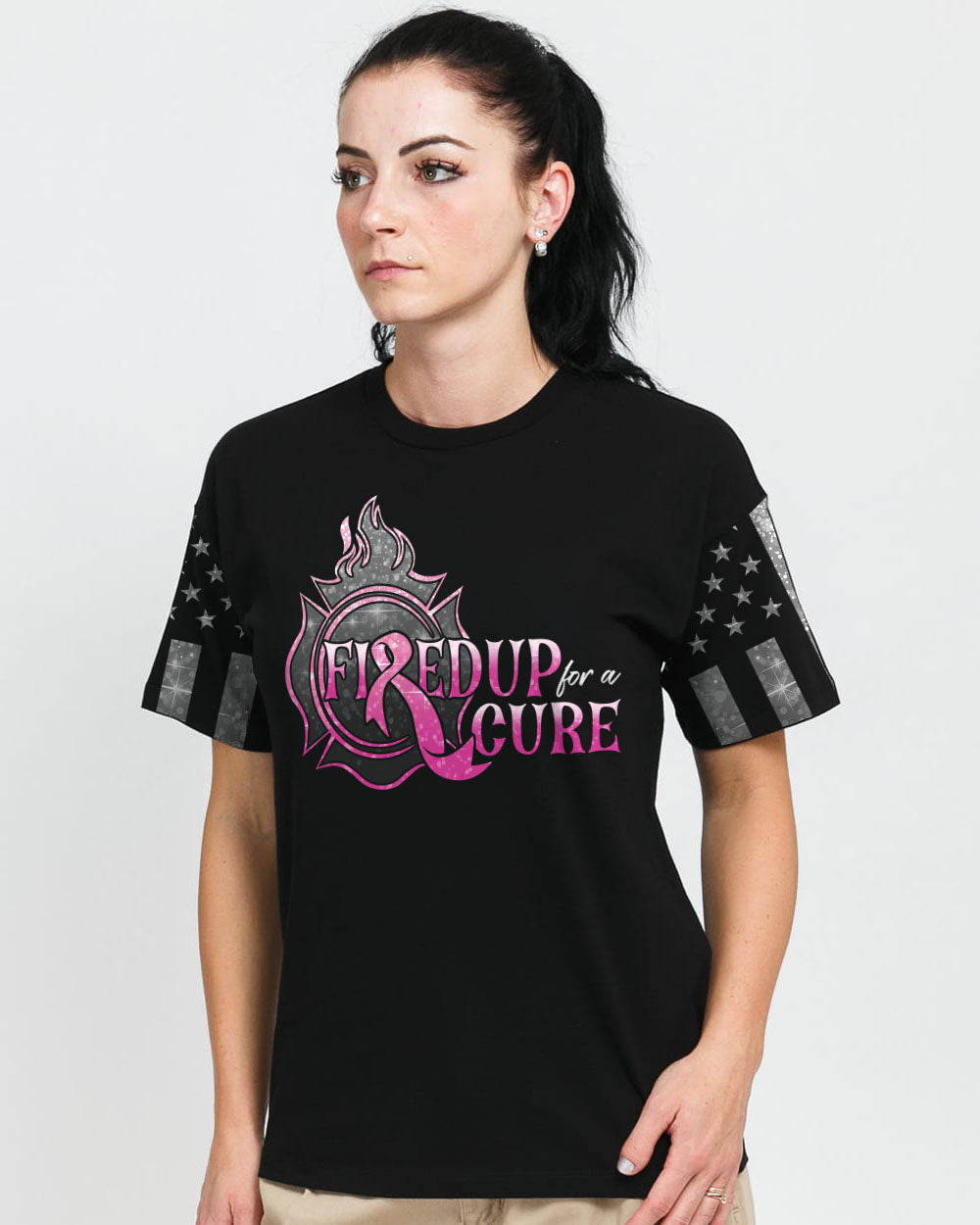 Fired Up For A Cure Flag Women's Breast Cancer Awareness Tshirt