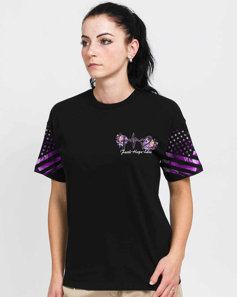 Purple Butterfly Rose Cross Faith Flag Women's Christian Tshirt