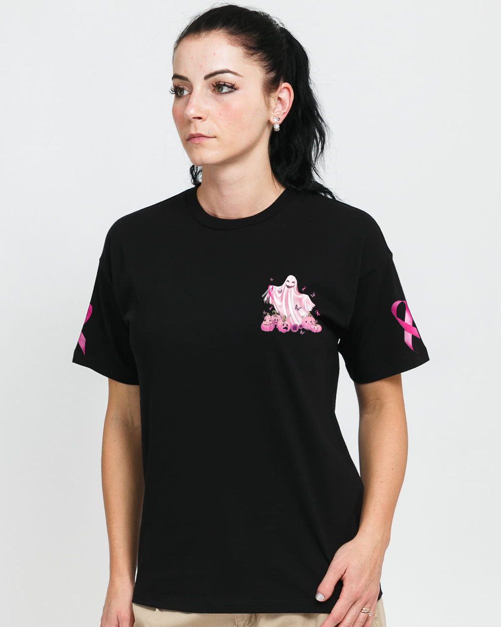 No One Fights Alone Boo Halloween Women's Breast Cancer Awareness Tshirt