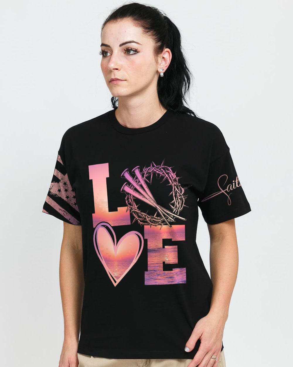 Faith Hope Love Sunset Beach Flag Women's Christian Tshirt