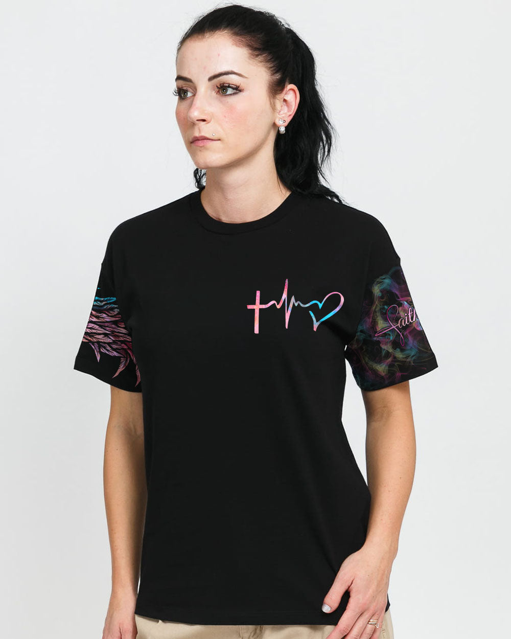 Faith Hope Love Half Wings Heart Colorful Smoke Women's Christian Tshirt