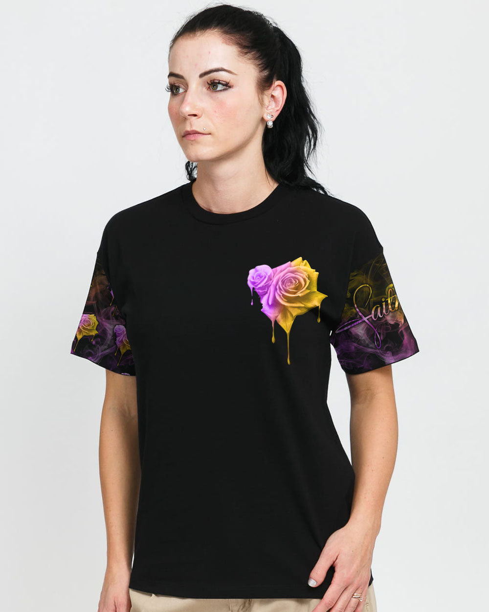 Faith Rose Cross Colorful Smoke Women's Christian Tshirt