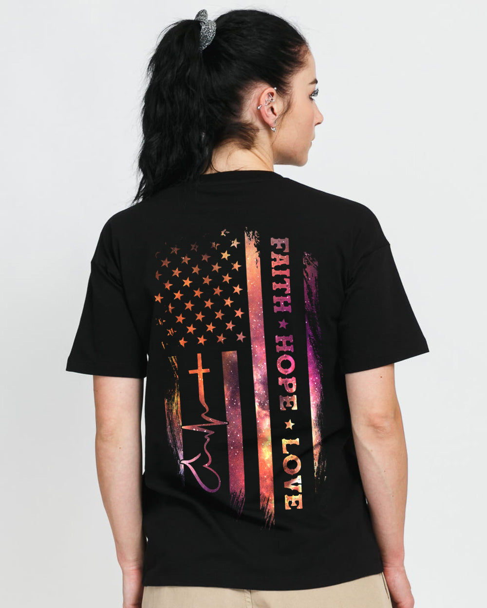 Faith Hope Love Galaxy Flag Heartbeat Women's Christian Tshirt