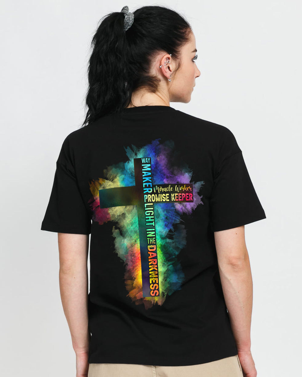 Way Maker Miracle Worker Half Cross Colorful Watercolor Women's Christian Tshirt