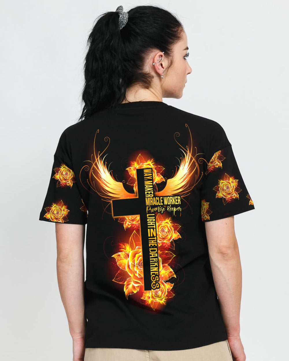 Way Maker Miracle Worker Gold Rose Cross Women's Christian Tshirt