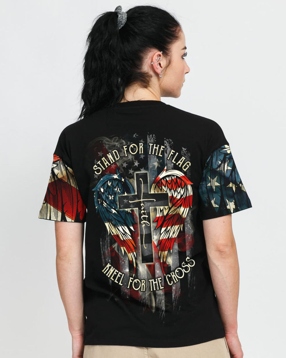 Stand For The Flag Kneel For The Cross Wings Smoke Women's Christian Tshirt
