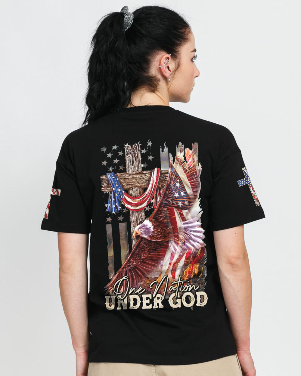 One Nation Under God Eagle Cross American Flag Women's Christian Tshirt