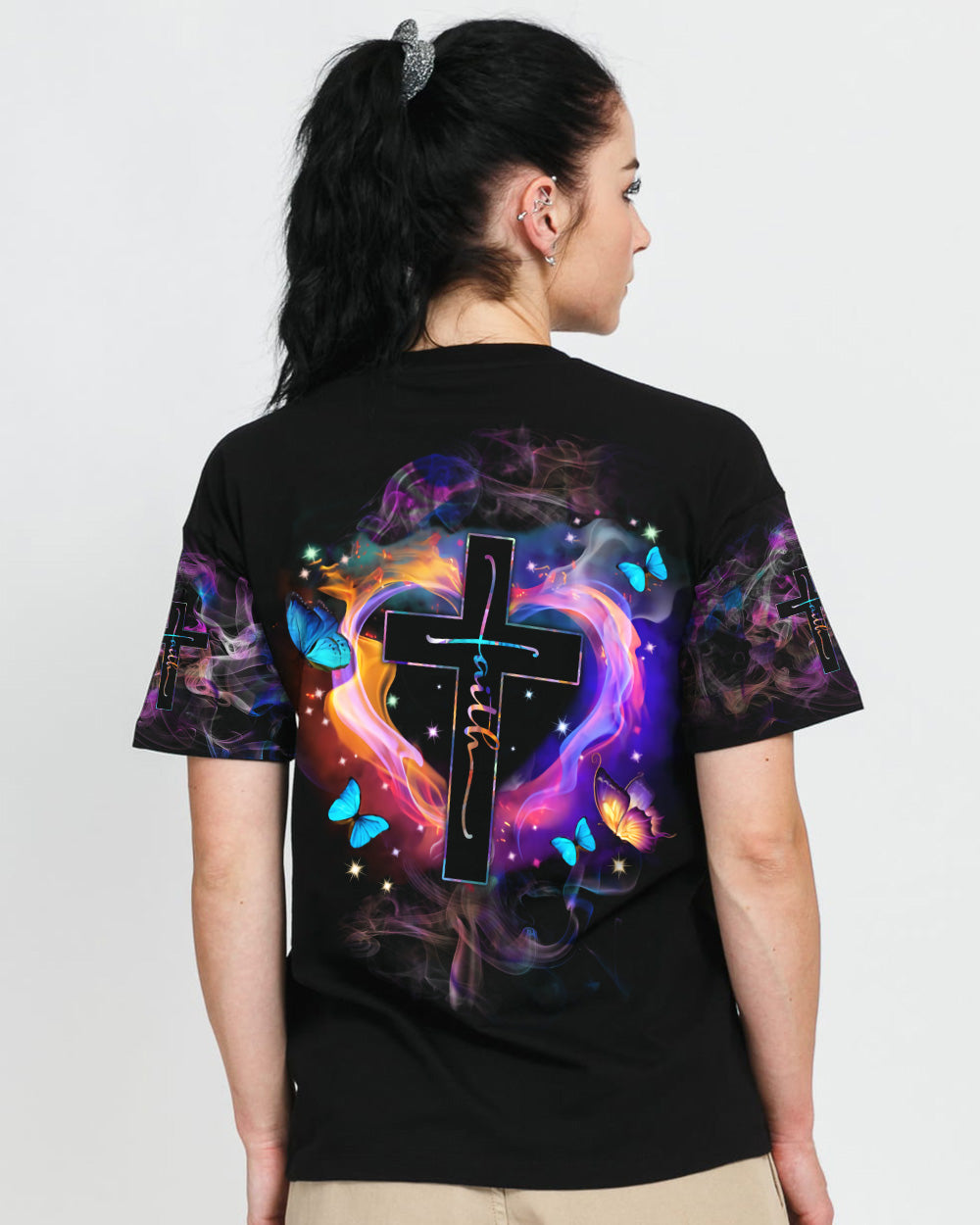 Fire Heart Cross Butterfly Women's Christian Tshirt