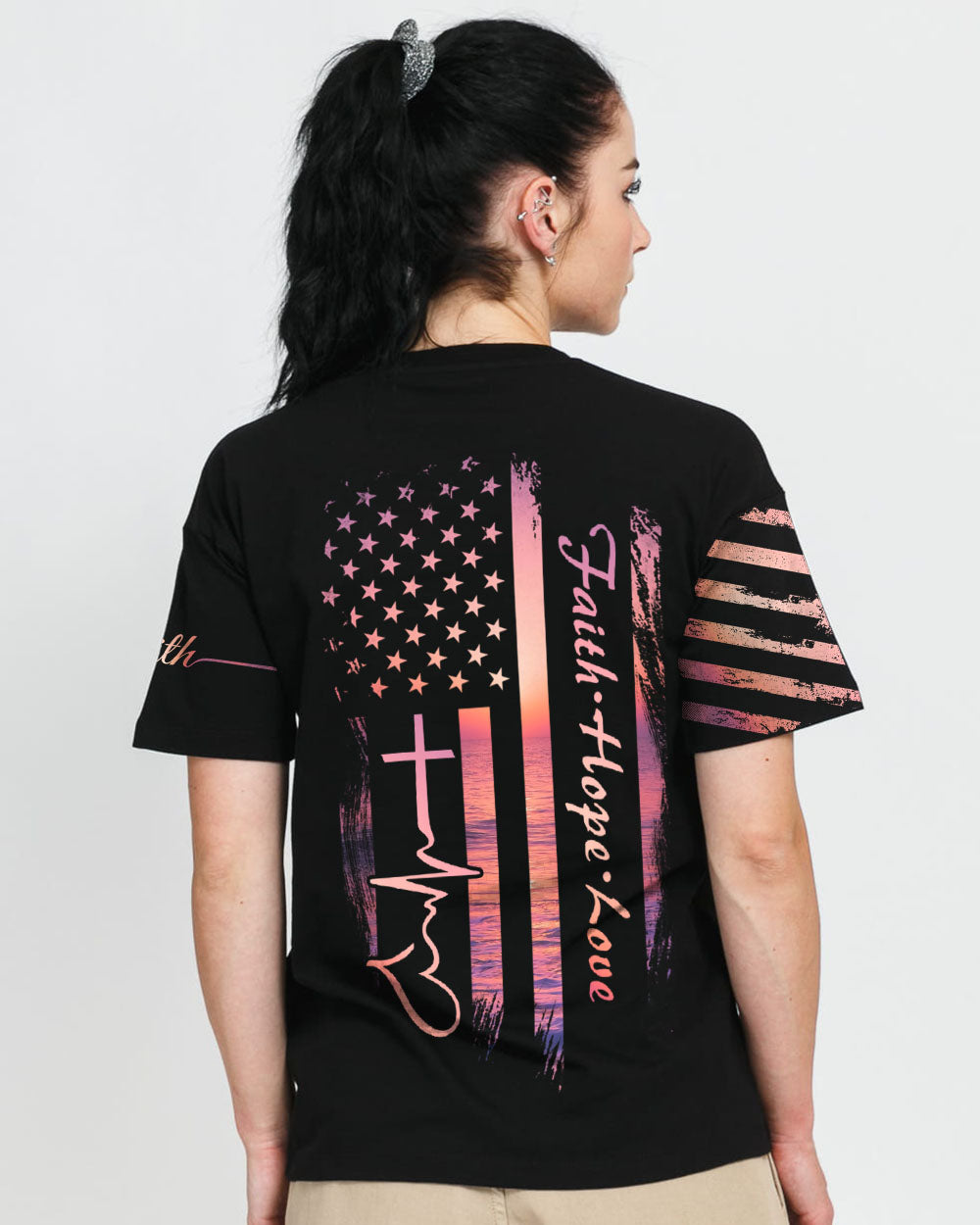 Faith Hope Love Sunset Beach Flag Women's Christian Tshirt