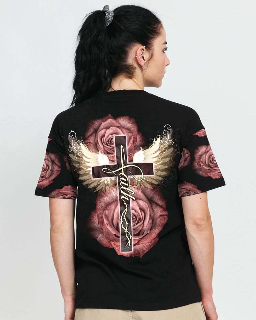 Rose Wings Cross Light Women's Christian Tshirt