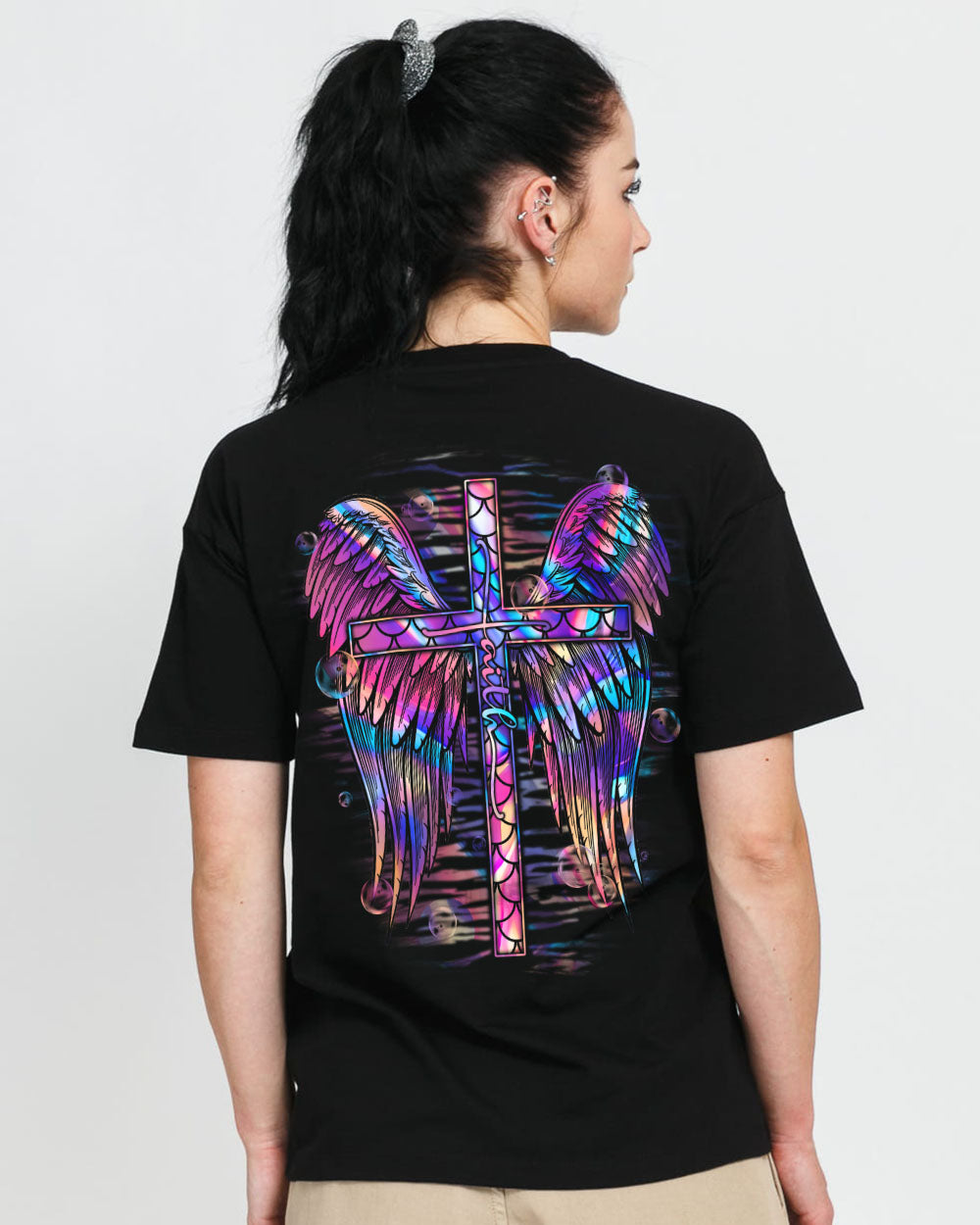Faith Cross Wings Mermaid Hologram Texture Women's Christian Tshirt