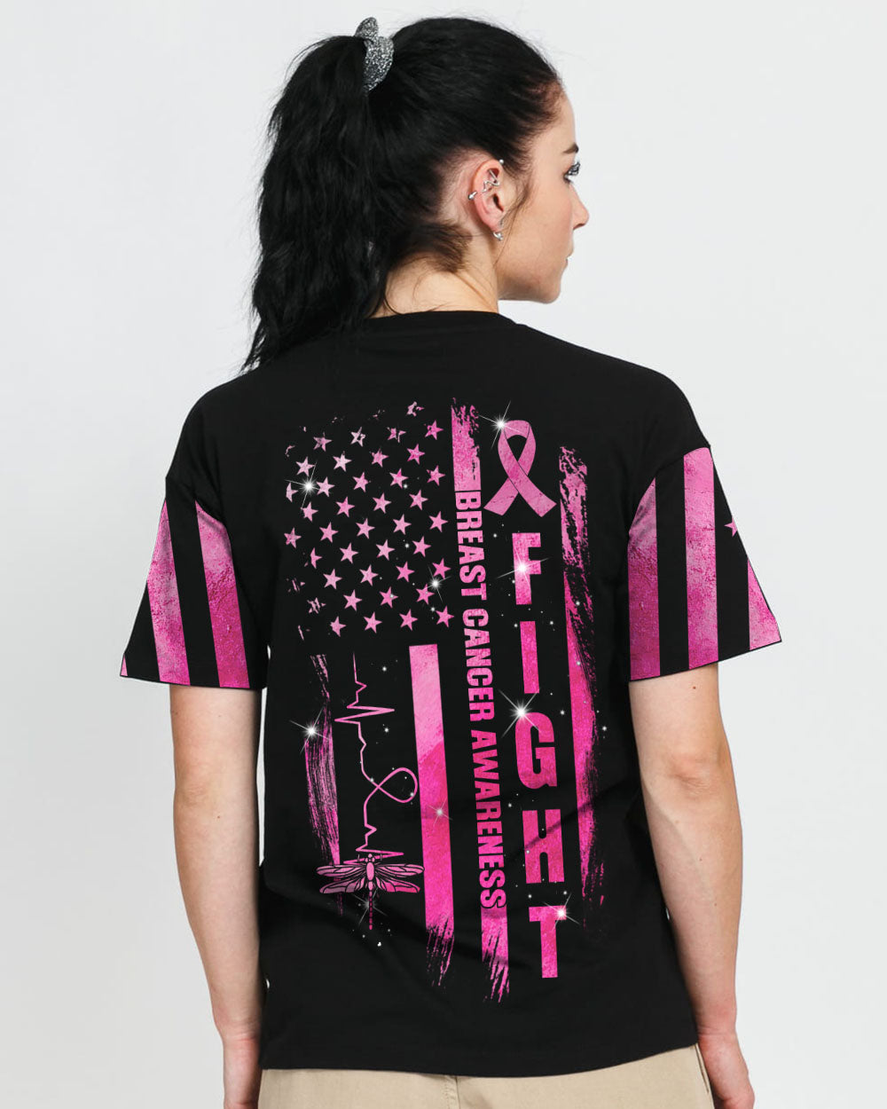Fight Flag Dragonfly Heart Women's Breast Cancer Awareness Tshirt