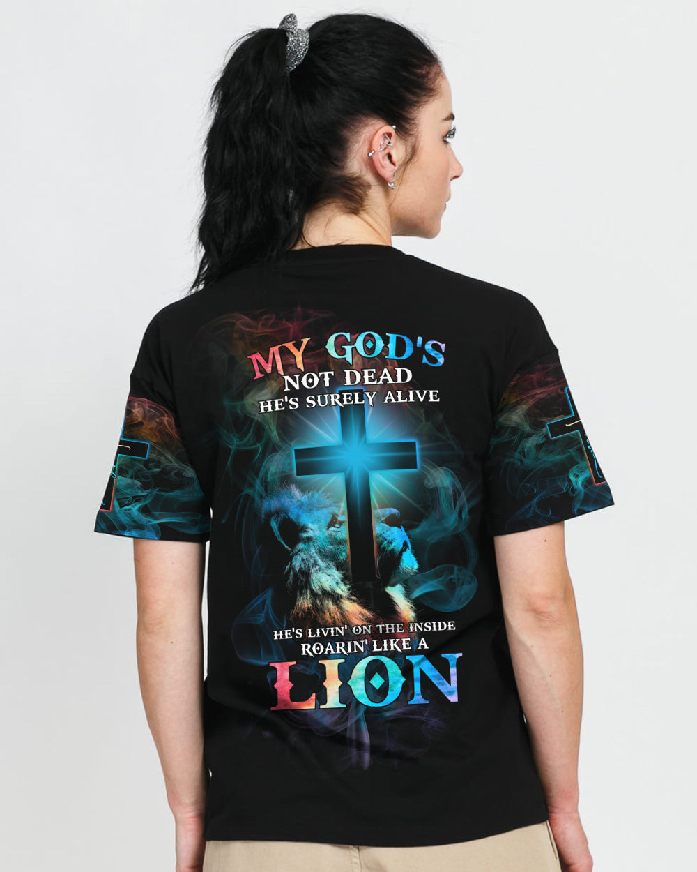 My God's Not Dead He's Surely Alive Lion Cross Light Smoke Women's Christian Tshirt