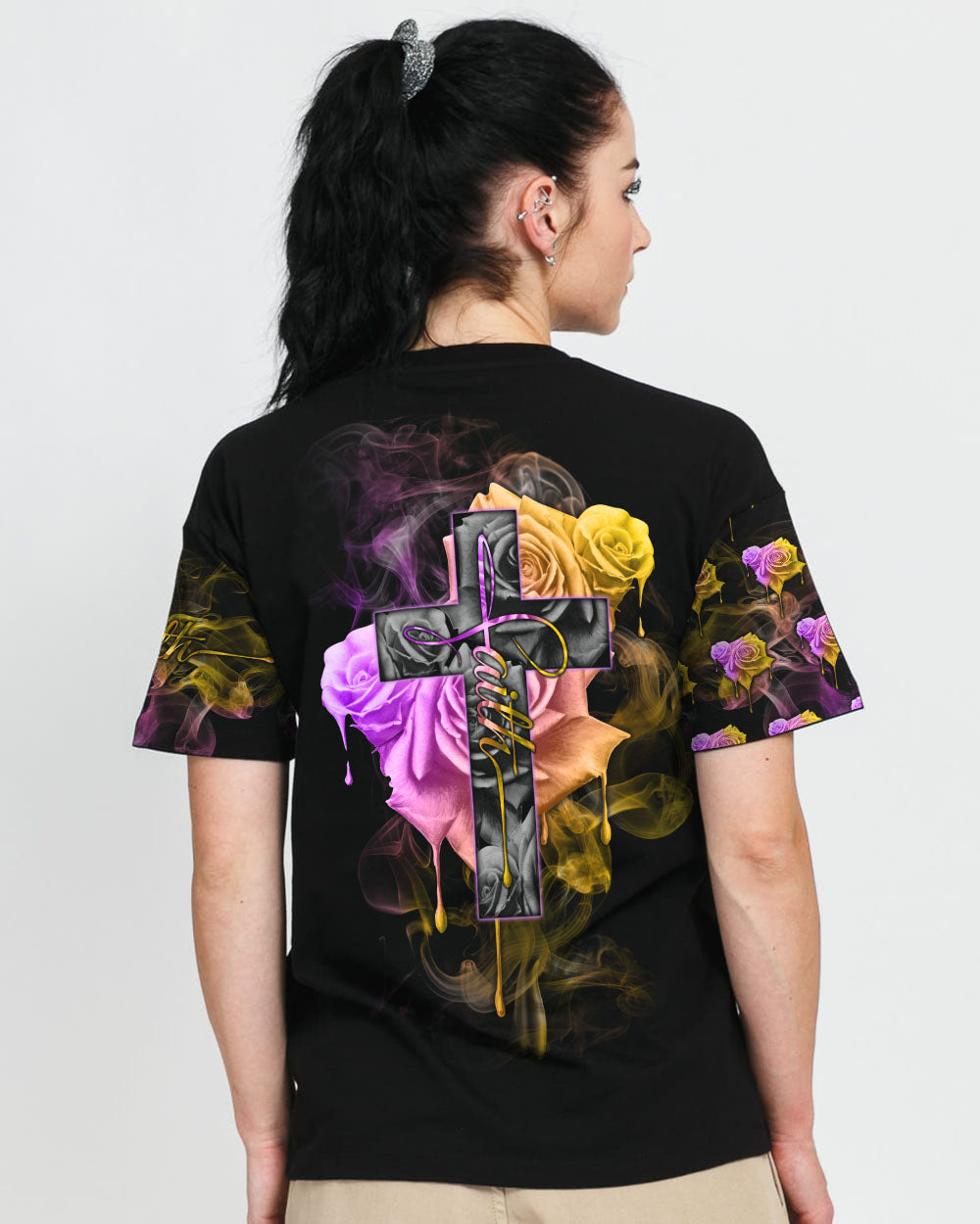 Faith Rose Cross Colorful Smoke Women's Christian Tshirt